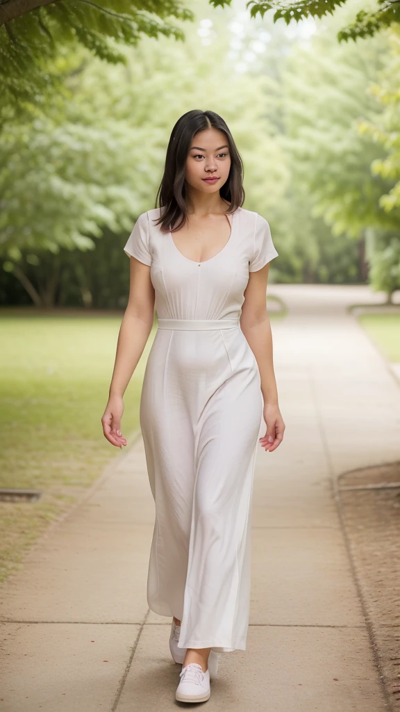 ((best quality)), ((masterpiece)), ((realistic)), 30-year-old, Japanese woman, short woman, cute face, mesmerizing blue eyes, extremely detailed, natural skin tone, skin with pores, slim abs, thick thighs, wide waist, enormous hips, wearing white Plizcated Suit Maxi Dress, portrait, fitted dress, body fit dress, full body shot, slim body, wearing pink shoes, side view, walking in park, shallow depth of field