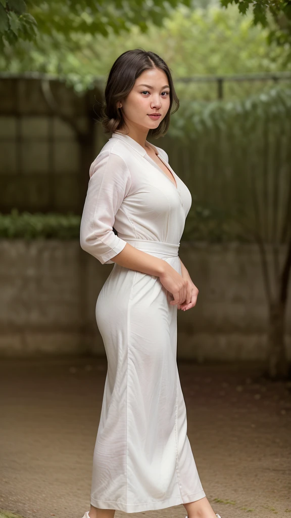 ((best quality)), ((masterpiece)), ((realistic)), 30-year-old, Japanese woman, short woman, cute face, mesmerizing blue eyes, extremely detailed, natural skin tone, skin with pores, slim abs, thick thighs, wide waist, enormous hips, wearing white Plizcated Suit Maxi Dress, portrait, fitted dress, body fit dress, full body shot, slim body, wearing pink shoes, side view, walking in park, shallow depth of field