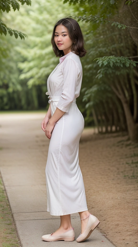 ((best quality)), ((masterpiece)), ((realistic)), 30-year-old, Japanese woman, short woman, cute face, mesmerizing blue eyes, extremely detailed, natural skin tone, skin with pores, slim abs, thick thighs, wide waist, enormous hips, wearing white Plizcated Suit Maxi Dress, portrait, fitted dress, body fit dress, full body shot, slim body, wearing pink shoes, side view, walking in park, shallow depth of field