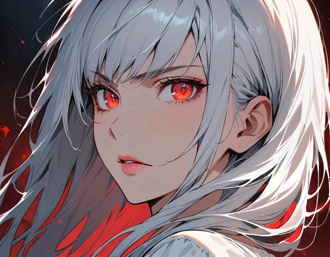 Long white hair, crimson eyes, evil, sexy, black and red clothes, evil face, evil, serious look, gloss lips, sinister, front look, bloody, gloves, close up, portrait, beautiful eyes, short dress, big white, dark place, night, sensual, straight hair cut, clear skin, evil, young 30 years girl, adult girl, solo, red, very long hair, ankle length hair, handsome older WOMAN，crimson-eyes，crimson pupils，Long white hair，Hyperresolution，accuracy，Detailed rendering,（Image of fine hair）（topquality）（Masterpieces of masters）（High degree of completeness）（A sense of atmosphere）tmasterpiece，Super detailed and super detailed（((half-body portrait)))