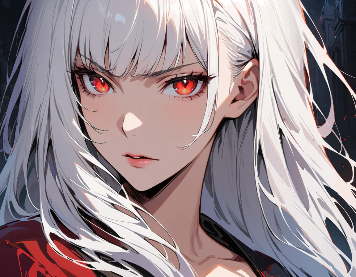 Long white hair, crimson eyes, evil, sexy, black and red clothes, evil face, evil, serious look, gloss lips, sinister, front look, bloody, gloves, close up, portrait, beautiful eyes, short dress, big white, dark place, night, sensual, straight hair cut, clear skin, evil, young 30 years girl, adult girl, solo, red, very long hair, ankle length hair, handsome older WOMAN,crimson-eyes,crimson pupils,Long white hair,Hyperresolution,accuracy,Detailed rendering,(Image of fine hair)(topquality)(Masterpieces of masters)(High degree of completeness)(A sense of atmosphere)tmasterpiece,Super detailed and super detailed(((half-body portrait)))