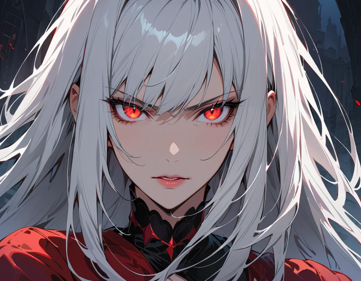 Long white hair, crimson eyes, evil, sexy, black and red clothes, evil face, evil, serious look, gloss lips, sinister, front look, bloody, gloves, close up, portrait, beautiful eyes, short dress, big white, dark place, night, sensual, straight hair cut, clear skin, evil, young 30 years girl, adult girl, solo, red, very long hair, ankle length hair, handsome older WOMAN,crimson-eyes,crimson pupils,Long white hair,Hyperresolution,accuracy,Detailed rendering,(Image of fine hair)(topquality)(Masterpieces of masters)(High degree of completeness)(A sense of atmosphere)tmasterpiece,Super detailed and super detailed(((half-body portrait)))