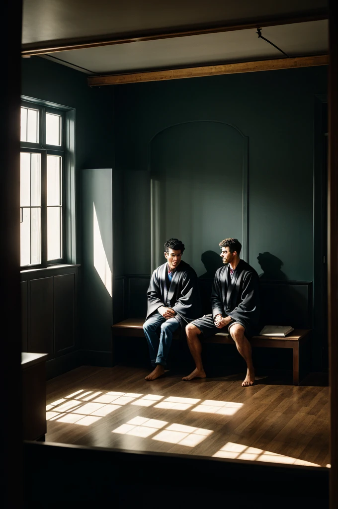 One room three man, in dark room seating on single stole