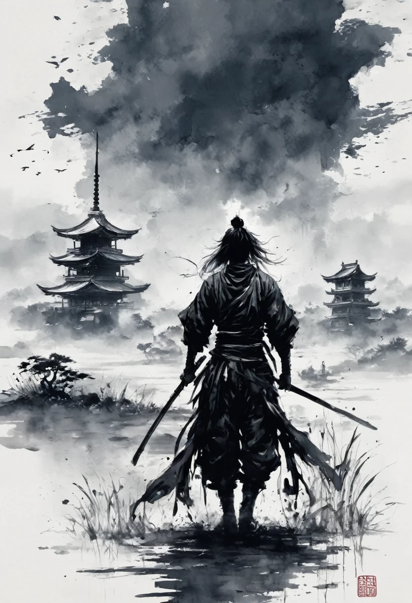 Ultra detailed illustration of a samurai on a hill overlooking a small town, trees, deformed clouds, Perfection, Cartoonish Vector, ((Jeremy Mann mixed with Giovanni Boldini and Studio ghibli)), highly illustrated, Stunning environment, vibrant colors, digital painting, aerial view --v 6
