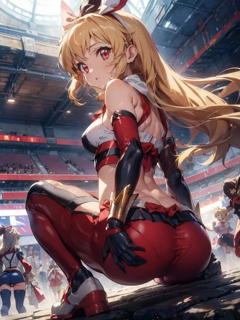 there is a cartoon female in white hot pants with her hip sticking out, (((raise ASS:1.7)),back shot,close up ass,(RED Ribbon on HAIRband:1.2),aikatsu,1 girls,in senki zesshou symphogear style , Blonde long hair,black and RED battle suit,BREAK,ultra-definition, high resolution, ultra-detail CG,caustics, Live stage, in front of super large vision, singing, Battle pose,thgear, 1girl, solo, tachibana hibiki (symphogear), medium breasts, navel, headgear, gloves, gauntlets, body suit, shorts, white scarf,Ichigo Hoshimiya (Aikatsu!),sitting, squating, looking down, look at the viewer, from below