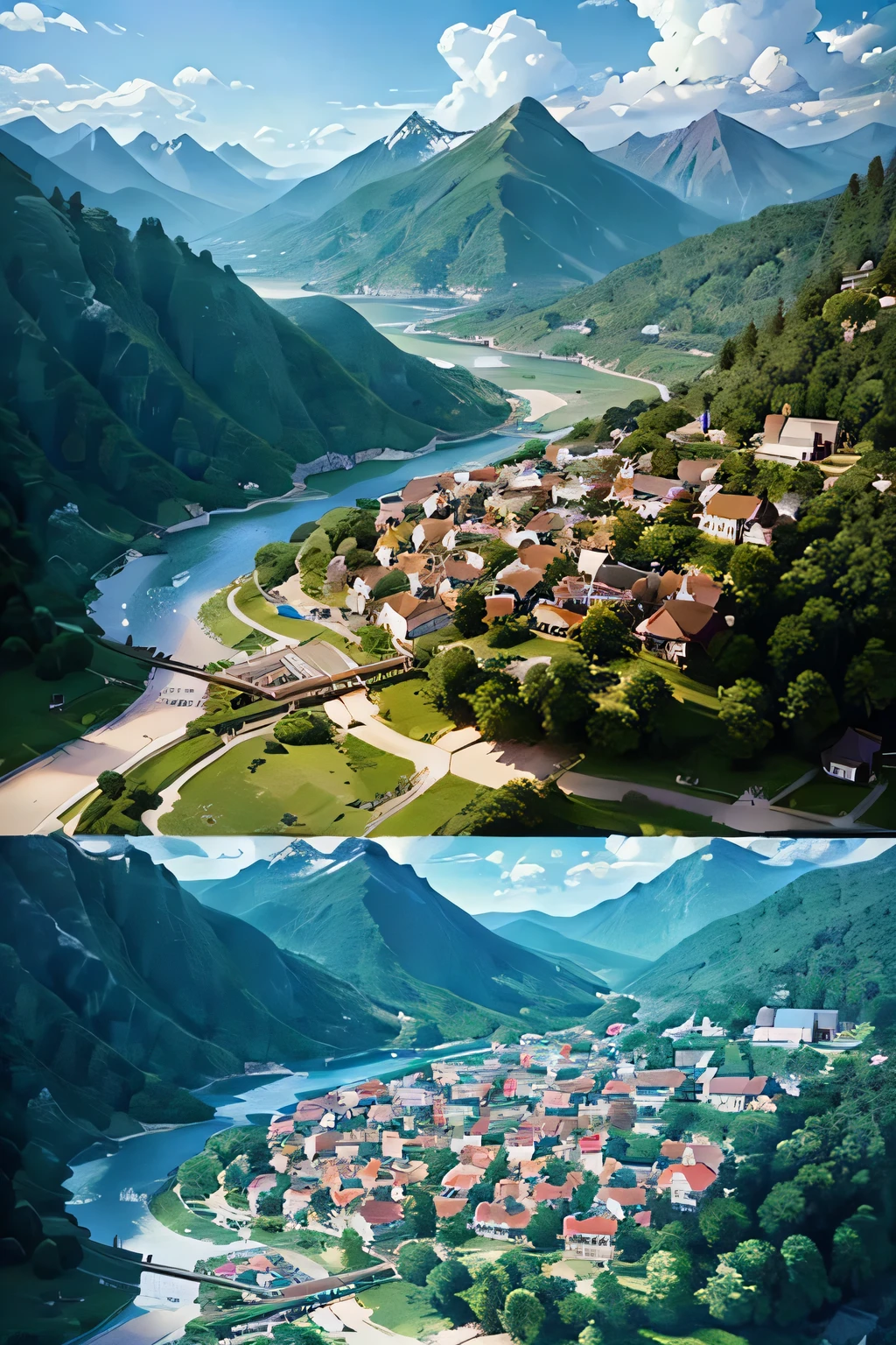 A resort with beautiful environment,Top view,You can see many traditional hotels,Beautiful surroundings,There are mountains and waters,HD,Realism。