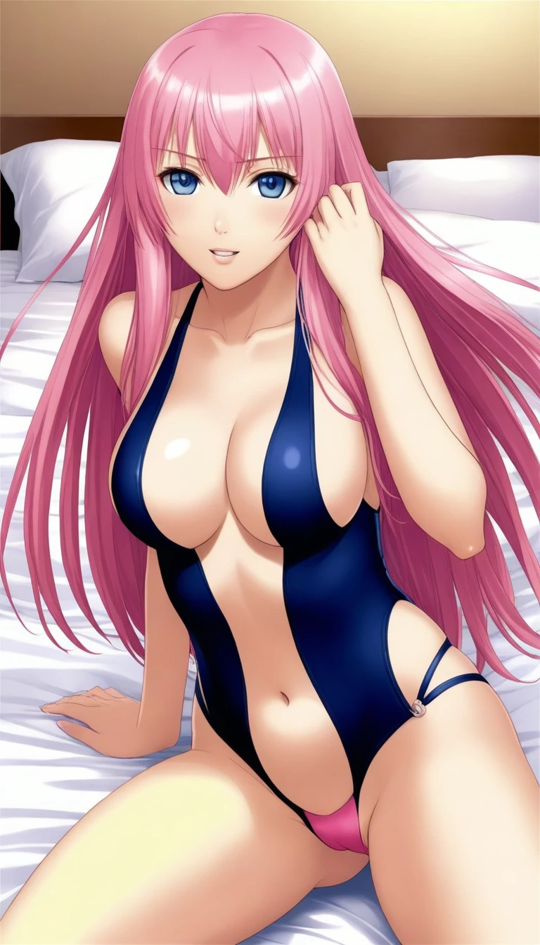 Official Art,１Man Beautiful Adult Woman,Megurine Luka,Pink long hair,blue eyes,Big Breasts,Seduction in competitive swimsuit:2.0,bed, １People only,Erotic:2.0,Expanding the vagina,Insertion sex in cowgirl position