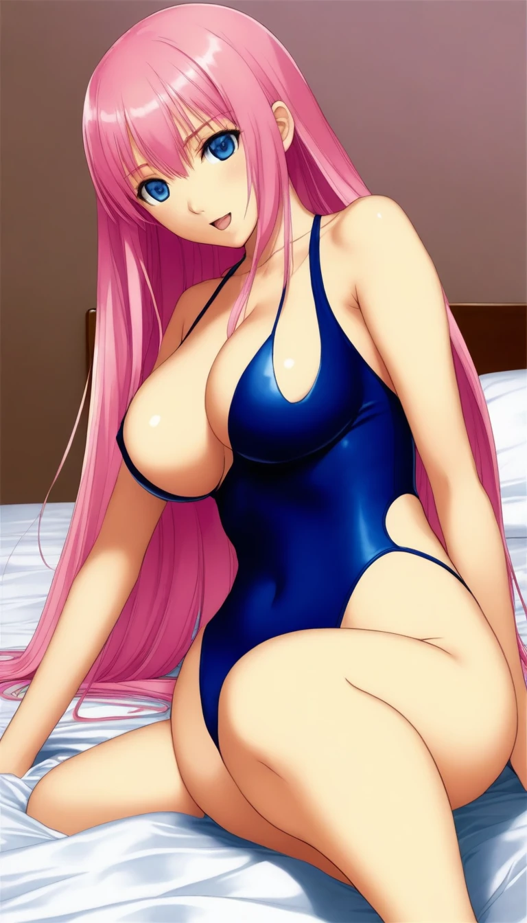 Official Art,1Man Beautiful Adult Woman,Megurine Luka,Pink long hair,blue eyes,Big Breasts,Seduction in competitive swimsuit:2.0,bed, 1People only,Erotic:2.0,Expanding the vagina,Insertion sex in cowgirl position