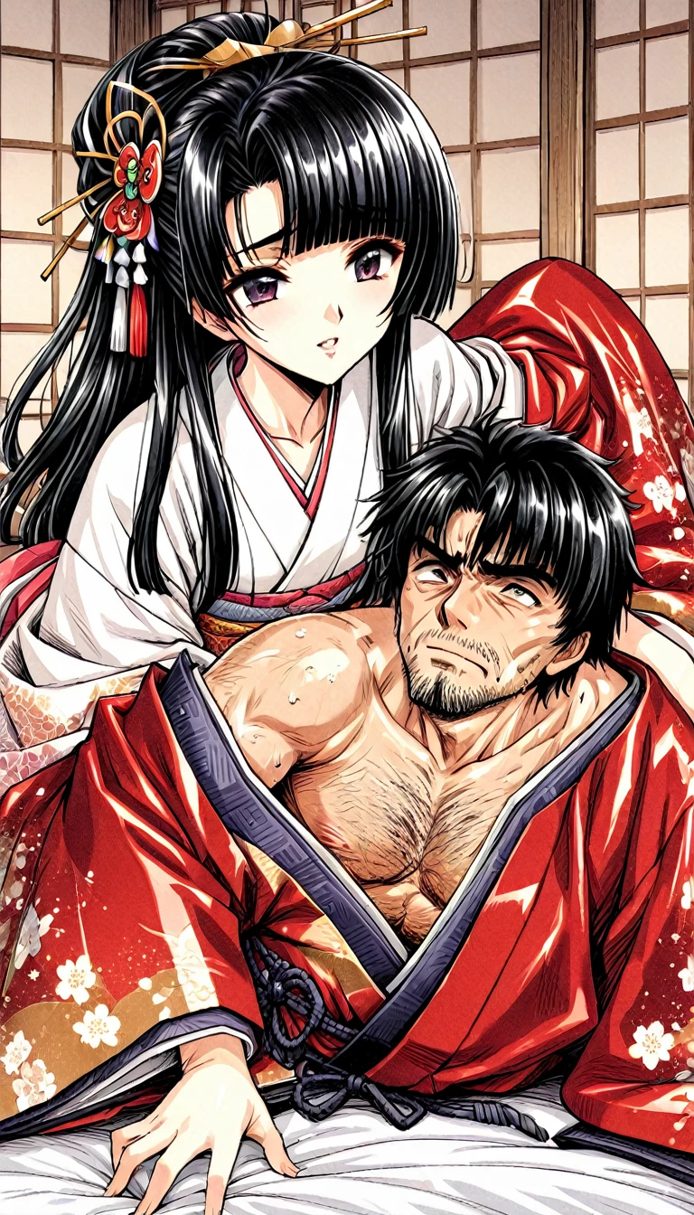 A beautiful 15-year-old pregnant princess from the Sengoku period with long black hair　Gorgeous embroidery, Ultra glossy, She is wearing a shiny red long-sleeved floral layered kimono.... Red kimono jacket　She is forced to embrace an old man in front of her lover.　Intense foreplay　Fluid spurting from her nipples　The old man licks her breasts