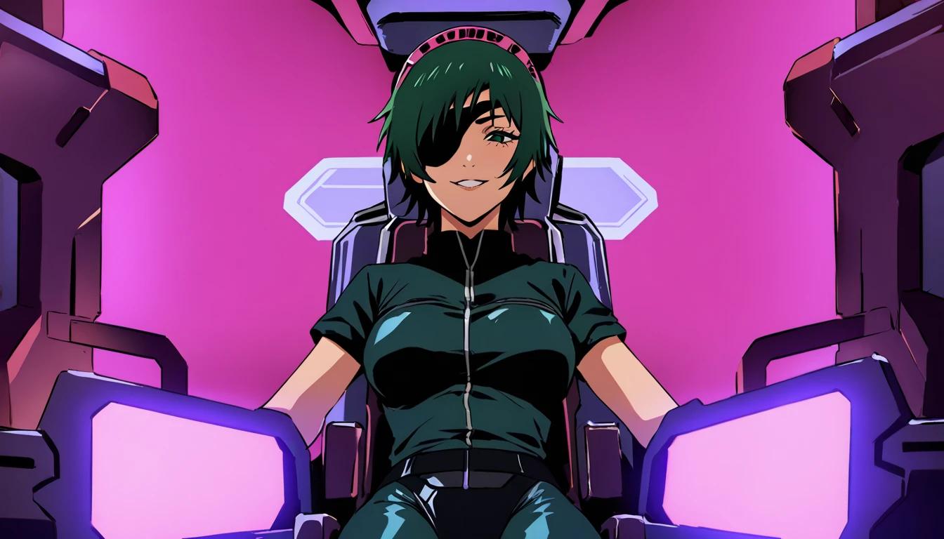 himeno, himeno(Chainsaw Man), solo, mature female, mature, Adult, eyepatch, looking down, seductive smile, evil grin, Villains, Octopus motif Cockpit, inside cockpit, piloting robot, red iron tentacle-like tubes, lever with octopus motif, gundamwingcockpit, joystick, seatbelt, sitting, latex purple leotard, purple headgear with extended tubes, Night, Dark, masterpiece, Top animation quality，Top image quality,