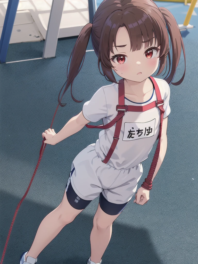 1girl,{{{{Thick brown rope_cling,Going up,}}}},Rope climbing,Going up,A view from above,(Aerial),Watching the audience,Outdoor,night,On a grey mattress_Are standing,,Light,White square bib number,((White gym clothes,Red harness)),Red eyes,Long twin tails,Brown Hair,Eyebrows visible through hair,Flat Chest,,Focus on face,