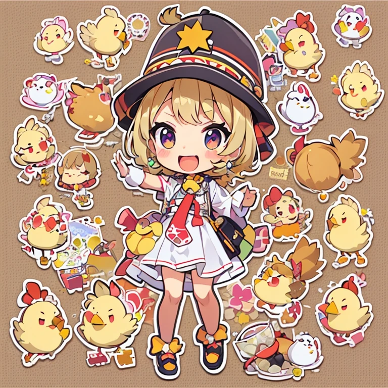 Characters laugh out loud.
The character falls flat on his stomach., Cartoon girl in a chicken costume with a hat and holding hands,  The cutest stickers ever, cute digital art, Chibi Girl, Cute anime style, cute detailed digital art, Anime Chibi, cute anime girl, chibi anime girl, Luan cute Vtuber, sticker illustration