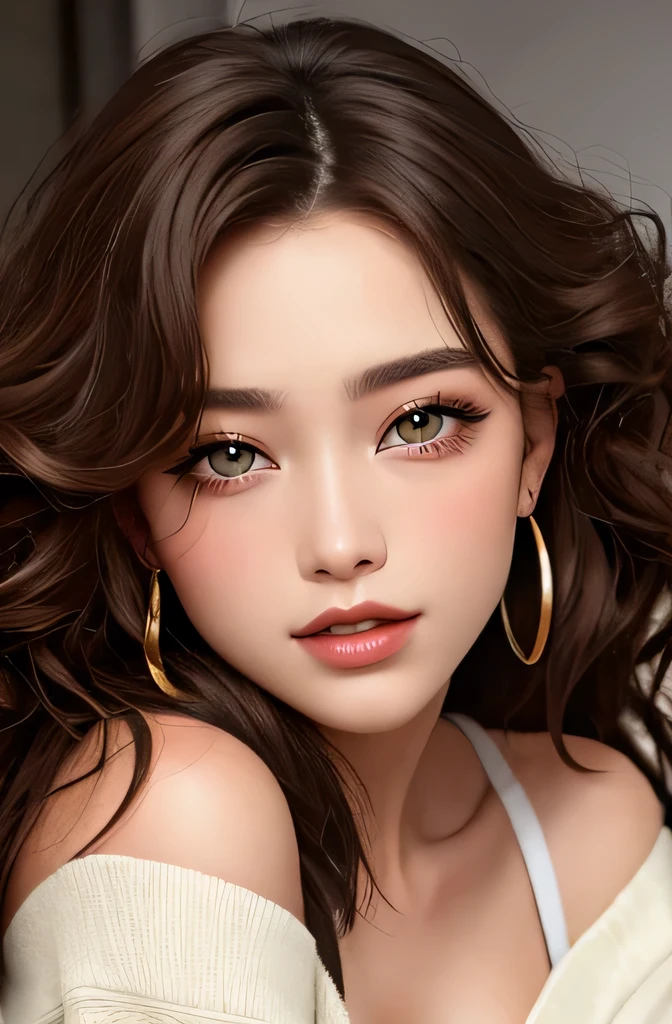 Amazing portrait of a sexy woman with a feral look in her eyes as she's sitting back in her chair with one leg crossed over the other wearing an oversized sweater that is showcasing her bare shoulders and her cleavage her brown hair is curly and messy and her makeup is elegant and sexy wearing elegant earrings and the overall atmosphere is intimate