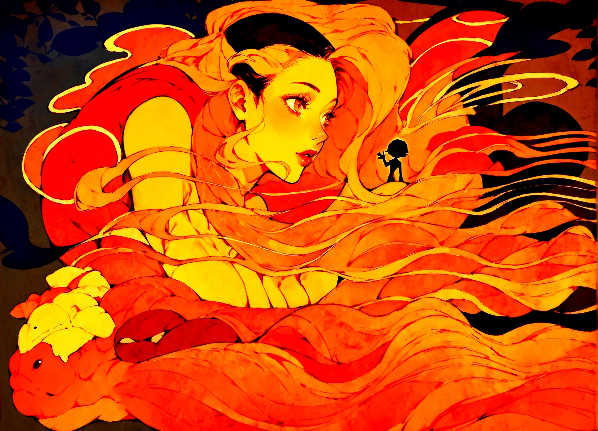 painting of a woman with a dragon on her back, botticelli and victo ngai, inspired by Victo Ngai, victo ngai style, inspired by Satoshi Kon, style of satoshi kon, ( ( victo ngai ) ), victo ngai! muted colors, victo ngai fine texture, satoshi kon artstyle