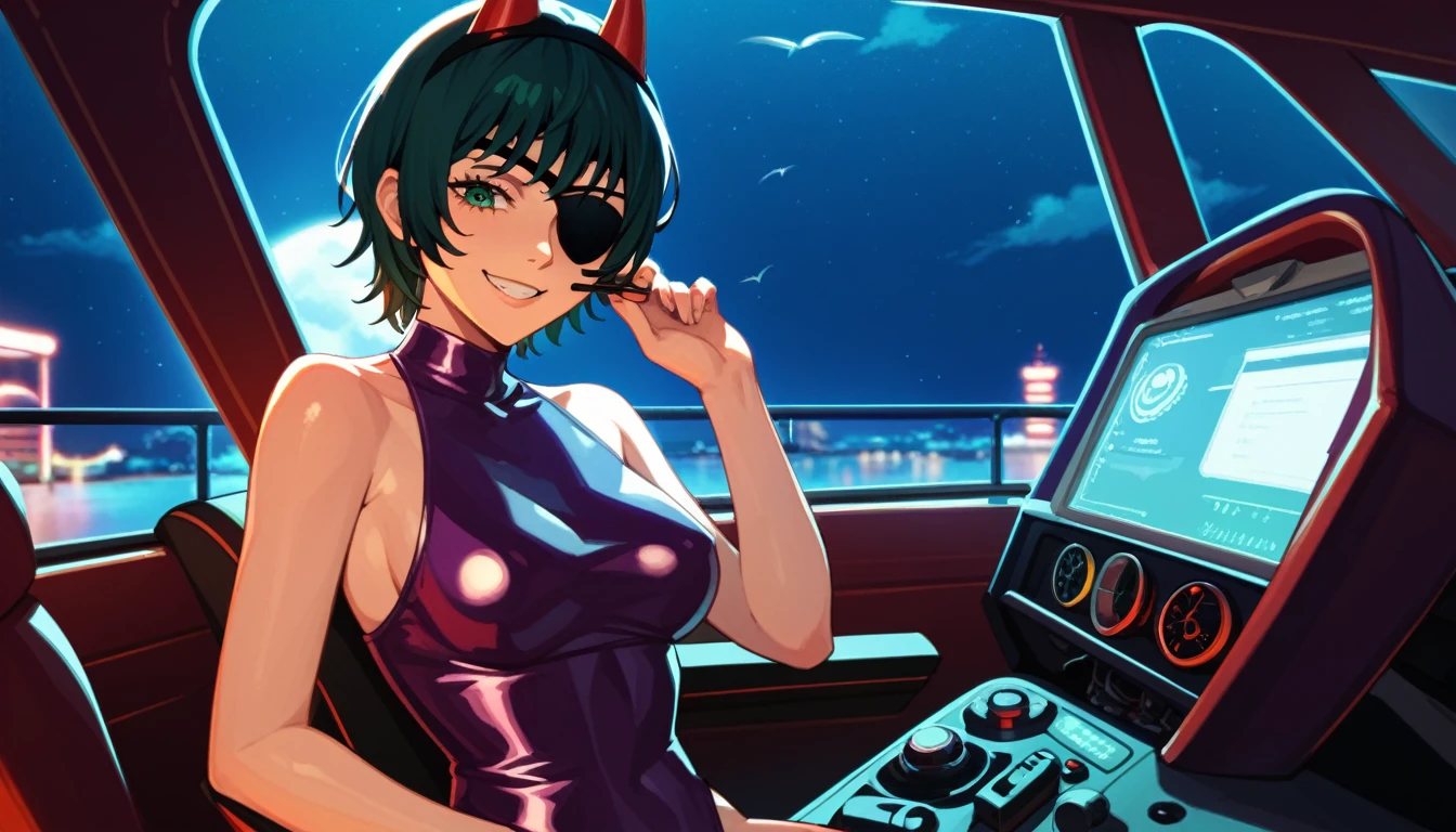 himeno, himeno(Chainsaw Man), solo, mature female, mature, Adult, eyepatch, looking down, seductive smile, evil grin, Villains, Octopus motif Cockpit, inside cockpit, piloting robot, red iron tentacle-like tubes, lever with octopus motif, gundamwingcockpit, joystick, seatbelt, sitting, latex purple leotard, purple headgear with extended tubes, Night, Dark, masterpiece, Top animation quality，Top image quality,