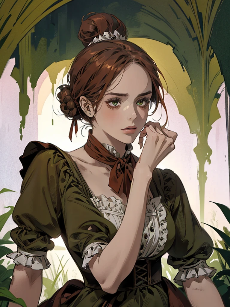 one, lonely, digital painting of a woman with her hair tied up in a bun, Brown red hair, green eyes, young noblewoman from the 1800s , calm face, long face, looks down, dark red dress, ((neck-length dress)), decorations on the head around the hair portrait style, looking away, in a beautiful and green garden