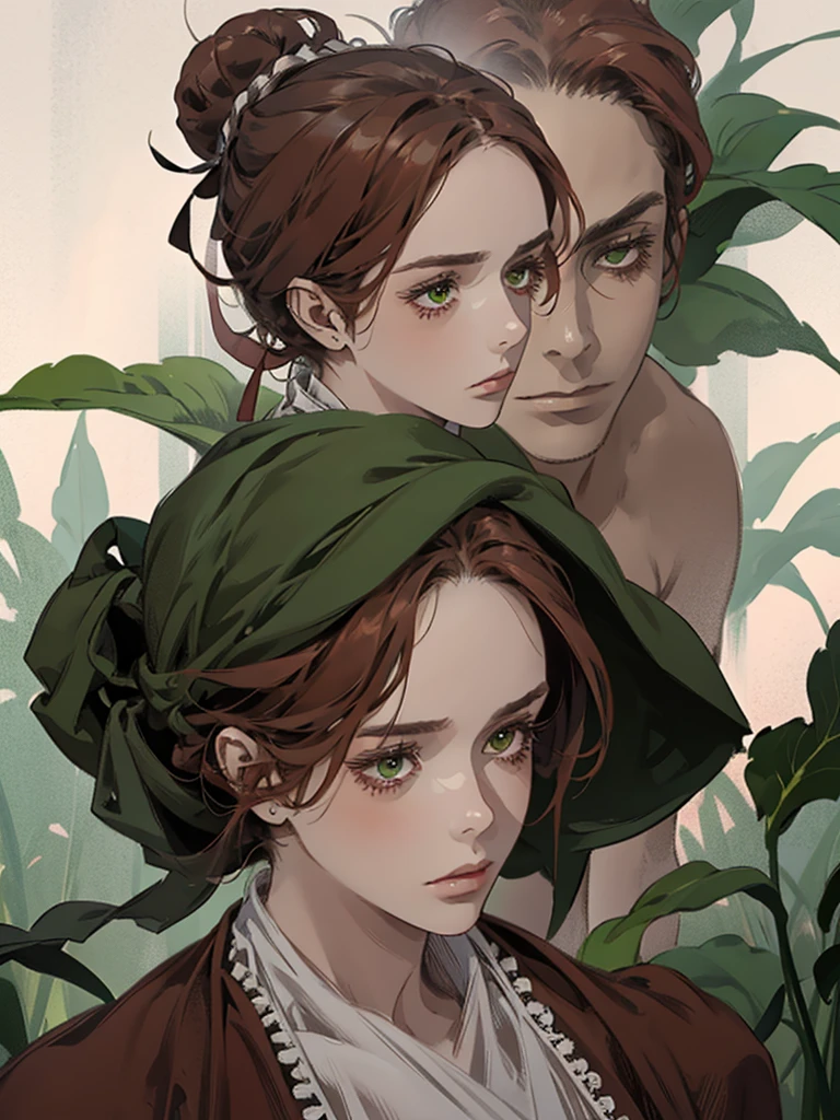 one, lonely, digital painting of a woman with her hair tied up in a bun, Brown red hair, green eyes, young maid from the 1800s , calm face, long face, looks down, dark red dress, closed clothing, head scarf, PORTRAIT STYLE, looking away, in a beautiful and green garden