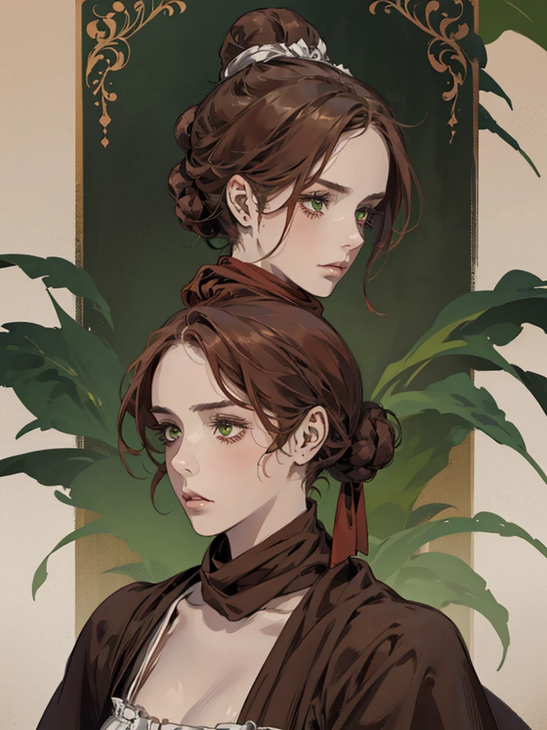 one, lonely, digital painting of a woman with her hair tied up in a bun, Brown red hair, green eyes, young maid from the 1800s , calm face, long face, looks down, dark red dress, closed clothing, head scarf, PORTRAIT STYLE, looking away, in a beautiful and green garden