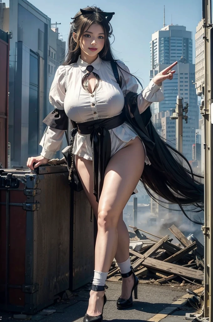 Fantasy World、Fighting Pose、looking at the camera、Urban hustle and bustle、Traffic jam、City of Rubble、street tree、((((Azur Lane Cheshire))))、Maid clothes、Super huge breasts、Plump thighs、Ground View,City of Giants,500 foot tall giant girl,skyscraper,Has super long legs,Step into the crowd,There are many people on the street,Knee-high socks,She has waist-length black hair,Wear Mary Jane heels,A happy look,Standing on the ruins,Beautiful appearance,Exquisite makeup,quality,8K,高quality,Perfect Proportions, Cinema Lighting,Film Grain,The Colors of Fuji,8K,Textured skin,Super Detail,High detail,high quality,High resolution,explode,False Smile,Show your pants