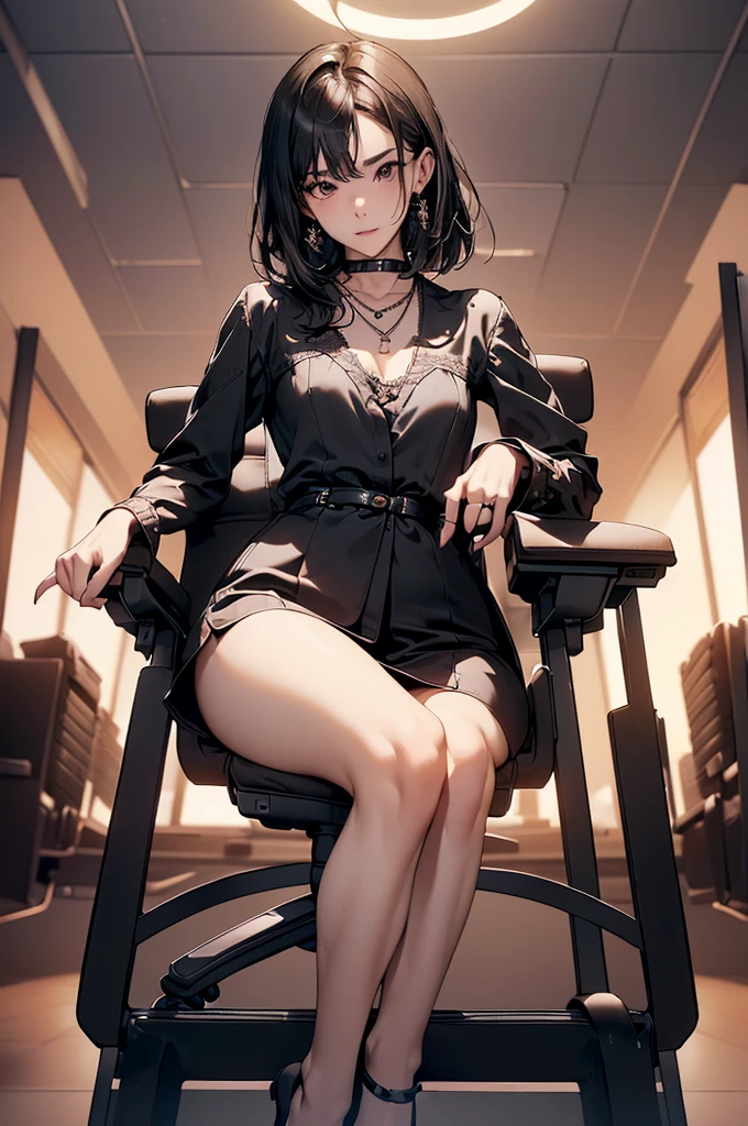 NSFW,(Natural finger shape:1.5),((Full Body Shot,Including face)),Standing position,4K,masterpiece,((Focus on the face)),((Symmetrical facial features)),Eye for detailed depiction,Beautiful woman,Excellent style,Beautiful feet,(Small Ass,Thin thighs),(Patterned black stockings:2,High heels),Facial detailing,Small earrings,necklace,Low angle photo,((camisole,Tight Skirt)),(A scene of a man sitting in a chair in an office and operating a computer:2),Strong sunlight,(((A facial expression of pleasure))),(((Lean your body back and sit on the ground))),Side views of several beautiful women