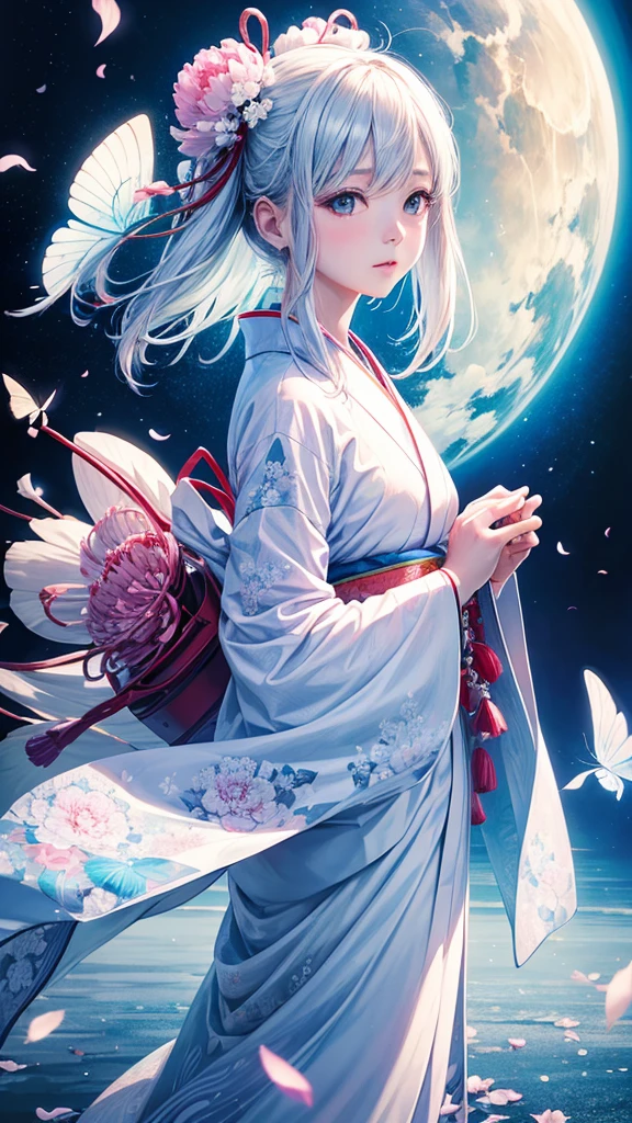 white without dirt　Japanese kimono bride　Apparition　blue sky,Best Quality, Masterpiece, Ultra High Resolution, (Realisticity: 1.4), Original Photo, Cinematic Lighting,butterfly々,Peony patterned kimono,