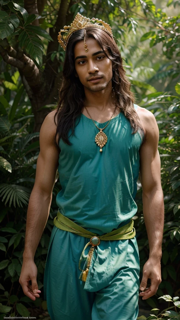 Create a stunning and detailed digital illustration of Lord Krishna, a revered deity in Hindu mythology, playing his flute in a serene forest setting. Lord Krishna should be depicted with his characteristic dark blue skin and a serene, gentle expression on his face. He should be adorned in traditional, intricate gold jewelry, including a crown, armlets, and necklaces, all embedded with green and blue gemstones.
His attire should be a flowing, light-colored dhoti with a green sash. His long, flowing hair should cascade over his shoulders, adorned with a peacock feather and golden ornaments. The forest backdrop should be lush and vibrant, with sunlight filtering through the leaves, creating a dappled light effect on Krishna and the surroundings.
In the background, incorporate elements of nature such as birds, flowers, and trees to enhance the peaceful and divine atmosphere. The overall mood of the illustration should evoke a sense of tranquility and divinity, capturing the essence of Krishna's divine music and its connection with nature.
