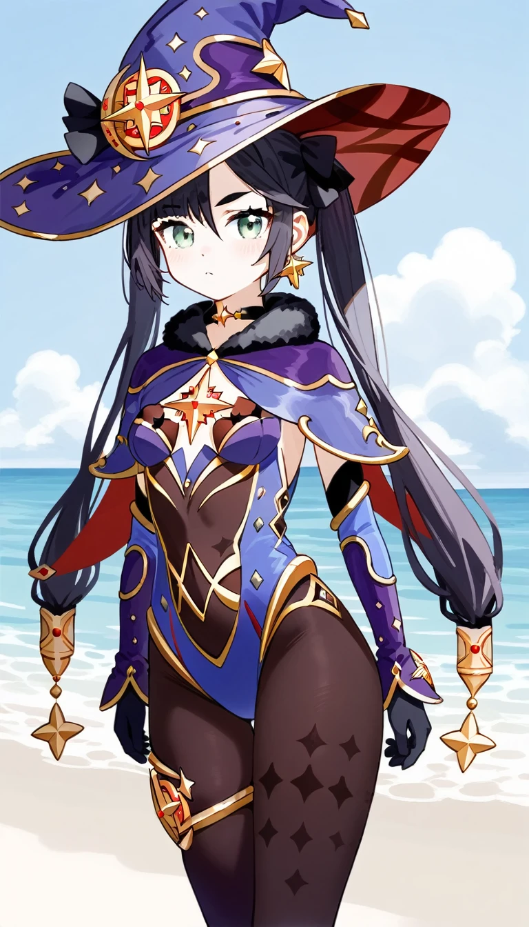 masterpiece,Ultra HD,score_9, score_8_superior, score_7_superior, score_6_superior,score_4_superior BREAK source_anime,可愛いanimeイラスト, One girl, alone, Mona XL, Long black hair, Green Eyes, tsurime, Twin tails, Medium chest, Witch Hat, Body stockings, leotard, Elbow hand pockets, Thigh guard, fur-trimmed capelet,beach,View your viewers,