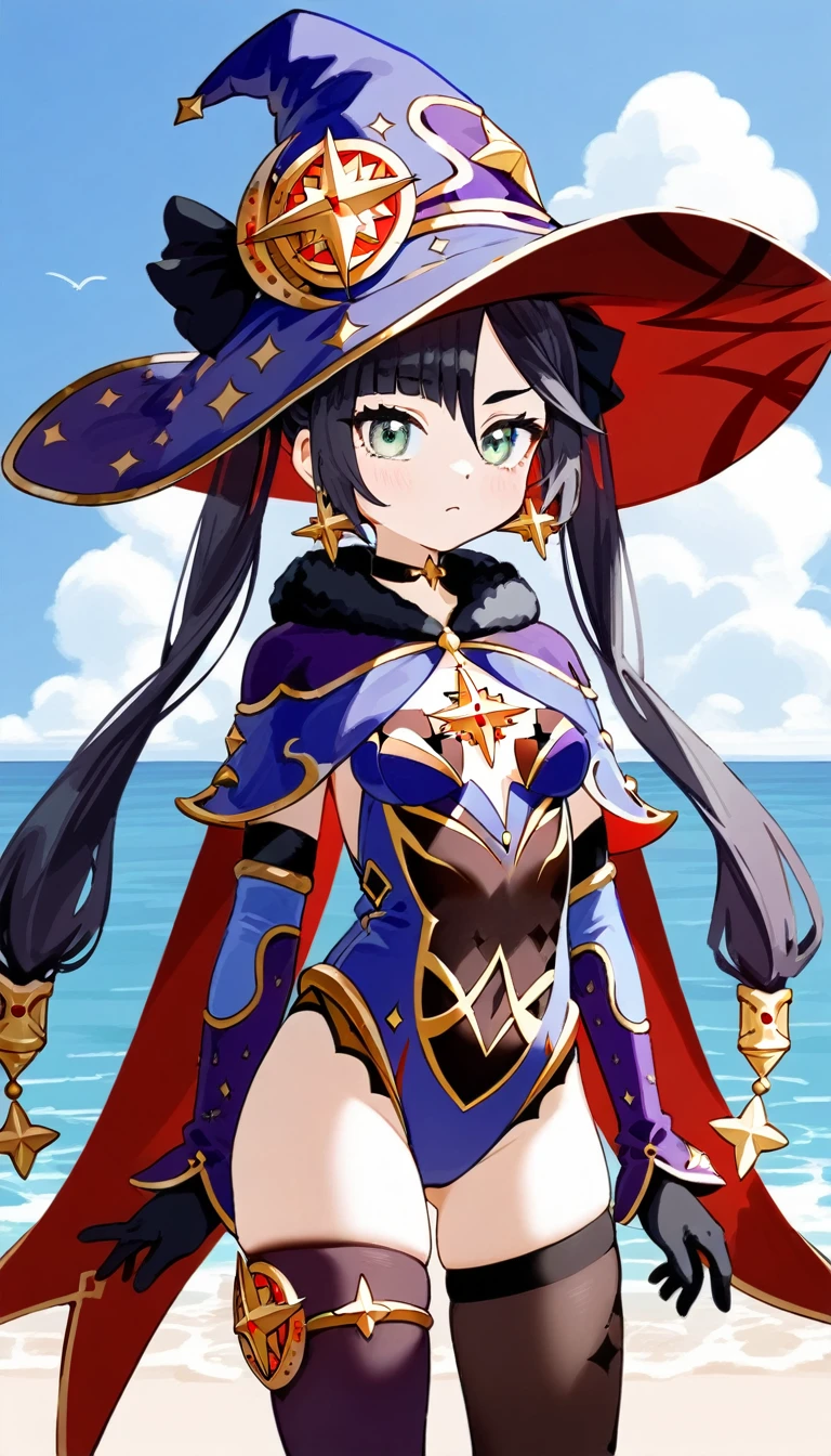 masterpiece,Ultra HD,score_9, score_8_superior, score_7_superior, score_6_superior,score_4_superior BREAK source_anime,可愛いanimeイラスト, One girl, alone, Mona XL, Long black hair, Green Eyes, tsurime, Twin tails, Medium chest, Witch Hat, Body stockings, leotard, Elbow hand pockets, Thigh guard, fur-trimmed capelet,beach,View your viewers,