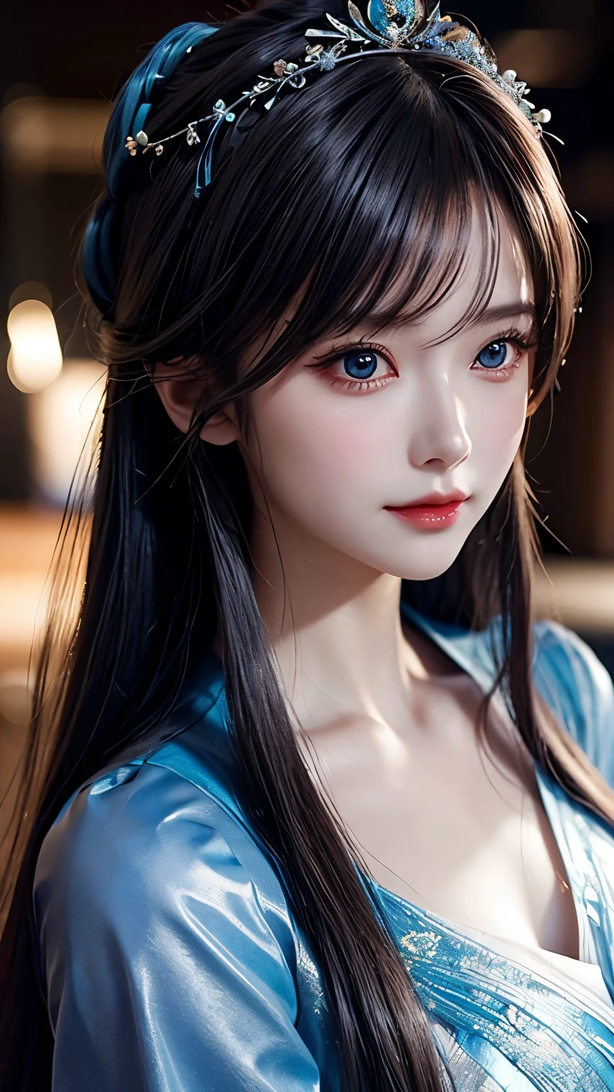 a close up of a woman with long hair wearing a blue dress, game cg, artgerm ; 3d unreal engine, stunning character art, 2. 5 d cgi anime fantasy artwork, hyperdetailed fantasy character, inspired by Li Mei-shu, epic exquisite character art, smooth anime cg art, beautiful character painting, beautiful digital artwork