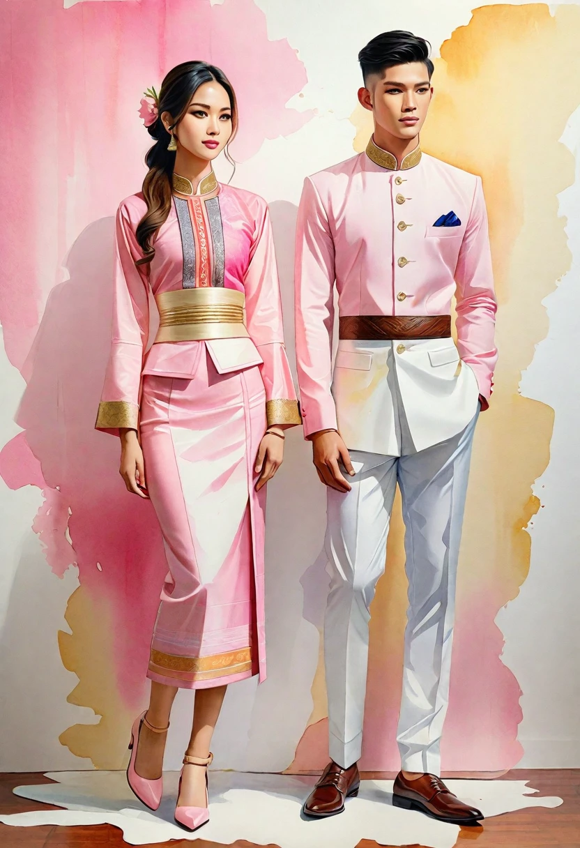 candid fashion illustration of two young man and women, 20-27 year old, adorned in a meticulously crafted North Thai Lanna traditional costume, ((showcase in cotton handwoven outfit in pink)), simple elegant style, The man wears a simple long-sleeved white mandarin collar suit, paired with Tailor pants, and oxford shoes, The woman complements him with ankle-length pencil skirt, with simple minimal patterns details, fitted intricately decorated blouse that complements the skirt, Captured in full-body image, stand still, look at the viewer, ((the imperfect backdrop)), sketching, realistic drawing, imperfect water color painting, fashion look book, fashion illustrator, sketch design, the image boasts high-quality, Lanna style, North Thai traditional costume, natural pink.