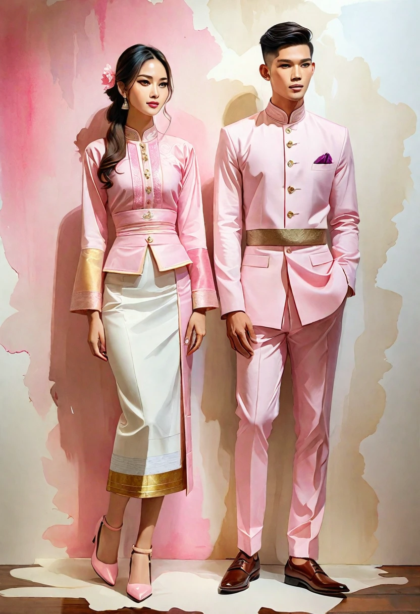 candid fashion illustration of two young man and women, 20-27 year old, adorned in a meticulously crafted North Thai Lanna traditional costume, ((showcase in cotton handwoven outfit in pink)), simple elegant style, The man wears a simple long-sleeved white mandarin collar suit, paired with Tailor pants, and oxford shoes, The woman complements him with ankle-length pencil skirt, with simple minimal patterns details, fitted intricately decorated blouse that complements the skirt, Captured in full-body image, stand still, look at the viewer, ((the imperfect backdrop)), sketching, realistic drawing, imperfect water color painting, fashion look book, fashion illustrator, sketch design, the image boasts high-quality, Lanna style, North Thai traditional costume, natural pink.