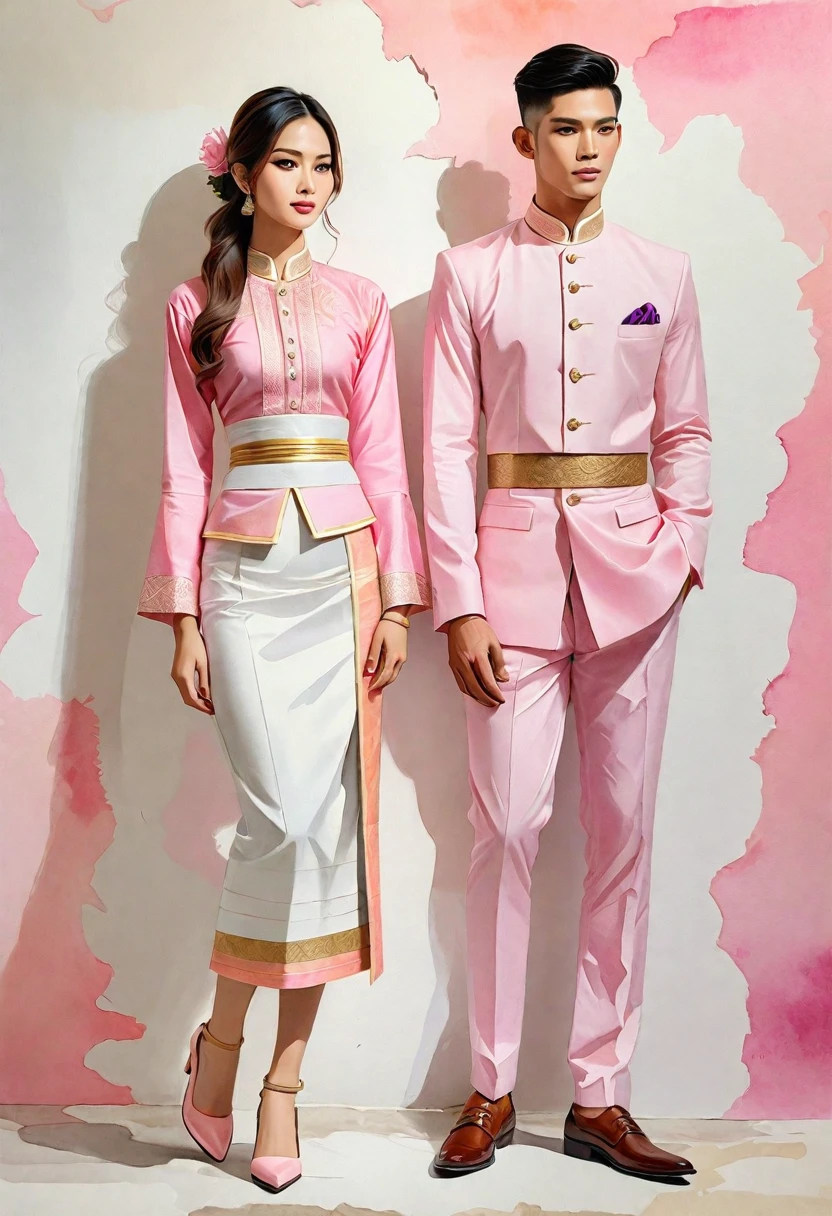 candid fashion illustration of two young man and women, 20-27 year old, adorned in a meticulously crafted North Thai Lanna traditional costume, ((showcase in cotton handwoven outfit in pink)), simple elegant style, The man wears a simple long-sleeved white mandarin collar suit, paired with Tailor pants, and oxford shoes, The woman complements him with ankle-length pencil skirt, with simple minimal patterns details, fitted intricately decorated blouse that complements the skirt, Captured in full-body image, stand still, look at the viewer, ((the imperfect backdrop)), sketching, realistic drawing, imperfect water color painting, fashion look book, fashion illustrator, sketch design, the image boasts high-quality, Lanna style, North Thai traditional costume, natural pink.