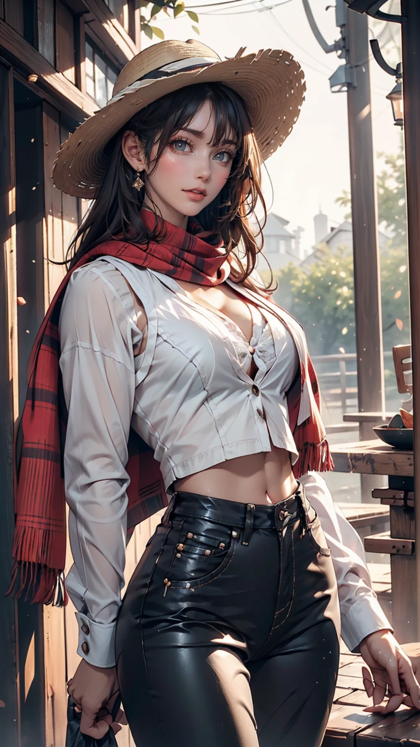 Portrait of a beautiful woman on a muddy farm:1.2 , Cowboy hat, Fringed waistcoat , pants, scarf , confidence , Mid-chest,Sexy proportions、Sexy、Narrow waist、Long eyelashes