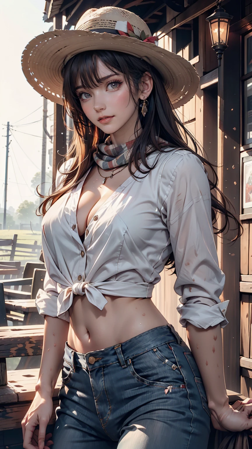 Portrait of a beautiful woman on a muddy farm:1.2 , Cowboy hat, Fringed waistcoat , pants, scarf , confidence , Mid-chest,Sexy proportions、Sexy、Narrow waist、Long eyelashes