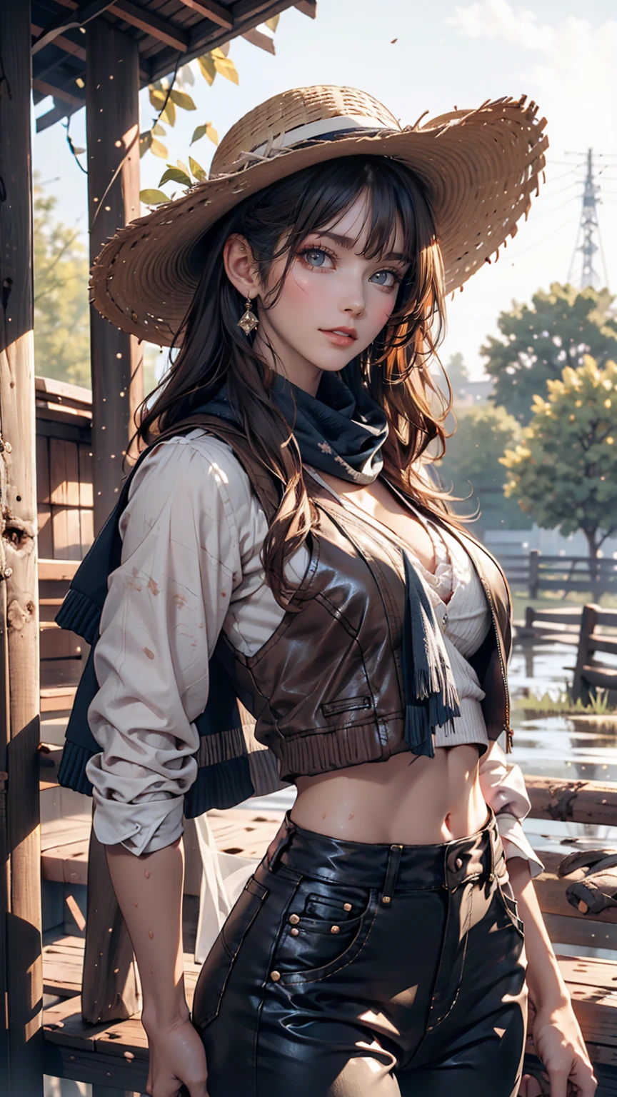 Portrait of a beautiful woman on a muddy farm:1.2 , Cowboy hat, Fringed waistcoat , pants, scarf , confidence , Mid-chest,Sexy proportions、Sexy、Narrow waist、Long eyelashes