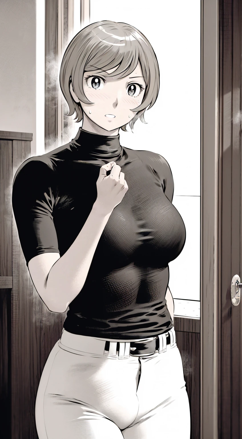 、(masterpiece、Highest quality)、Highest quality, Ultra-high resolution, (((masterpiece))), alone, Sweat、Big eyes,Tight black shirt、Tight white pants、belt、indoor、Composition from the front、（Cut the back hair short、short hair、blonde、woman）、Shortcuts、Embarrassed face、Cut your hair short、可愛いwomanの子、Big Breasts、Inside the room、Full Color、Baseball uniform