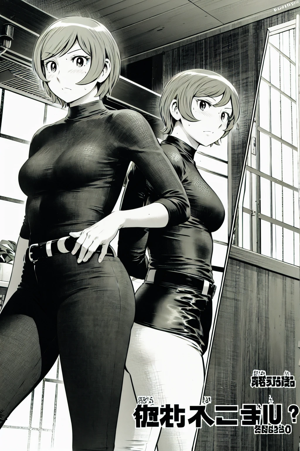 、(masterpiece、Highest quality)、Highest quality, Ultra-high resolution, (((masterpiece))), alone, Sweat、Big eyes,Tight black shirt、Tight white pants、belt、indoor、Composition from the front、(Cut the back hair short、short hair、blonde、woman)、Shortcuts、Embarrassed face、Cut your hair short、可愛いwomanの子、Big Breasts、Inside the room、Full Color、Baseball uniform