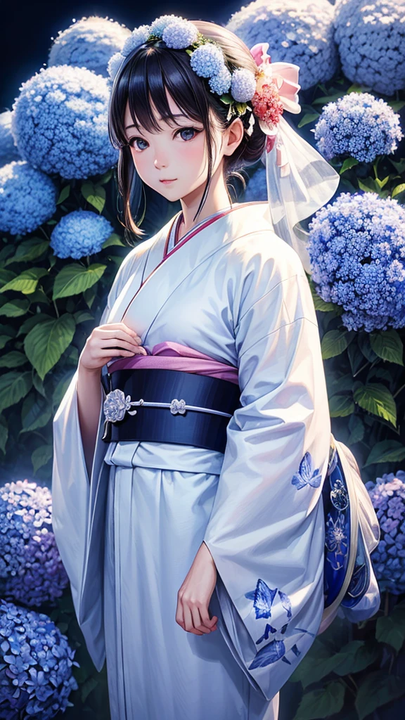 white without dirt Japanese kimono bride Apparition blue sky,Best Quality, Masterpiece, Ultra High Resolution, (Realisticity: 1.4), Original Photo, Cinematic Lighting,butterfly々,A kimono with a hydrangea pattern,