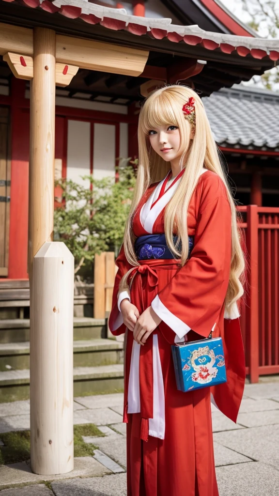 Female fox monster、Blonde and long-haired、Wearing a shrine maiden's outfit、Anime-inspired touch、Red and sharp eyes