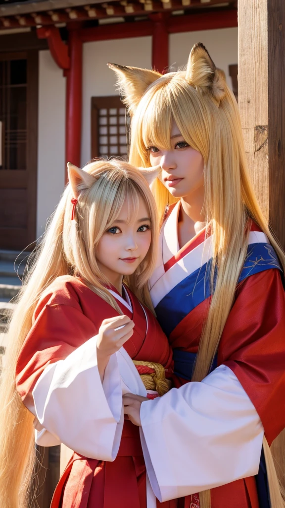 Female fox monster、Blonde and long-haired、Wearing a shrine maiden's outfit、Anime-inspired touch、Red and sharp eyes
