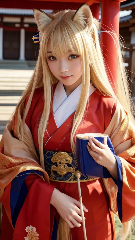 Female fox monster、Blonde and long-haired、Wearing a shrine maiden's outfit、Anime-inspired touch、Red and sharp eyes