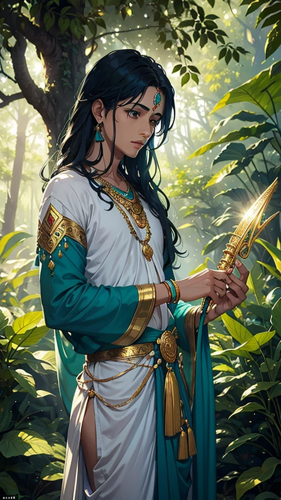 Create a stunning and detailed digital illustration of Lord Krishna, a revered deity in Hindu mythology, playing his flute in a serene forest setting. Lord Krishna should be depicted with his characteristic dark blue skin and a serene, gentle expression on his face. He should be adorned in traditional, intricate gold jewelry, including a crown, armlets, and necklaces, all embedded with green and blue gemstones.
His attire should be a flowing, light-colored dhoti with a green sash. His long, flowing hair should cascade over his shoulders, adorned with a peacock feather and golden ornaments. The forest backdrop should be lush and vibrant, with sunlight filtering through the leaves, creating a dappled light effect on Krishna and the surroundings.
In the background, incorporate elements of nature such as birds, flowers, and trees to enhance the peaceful and divine atmosphere. The overall mood of the illustration should evoke a sense of tranquility and divinity, capturing the essence of Krishna's divine music and its connection with nature.