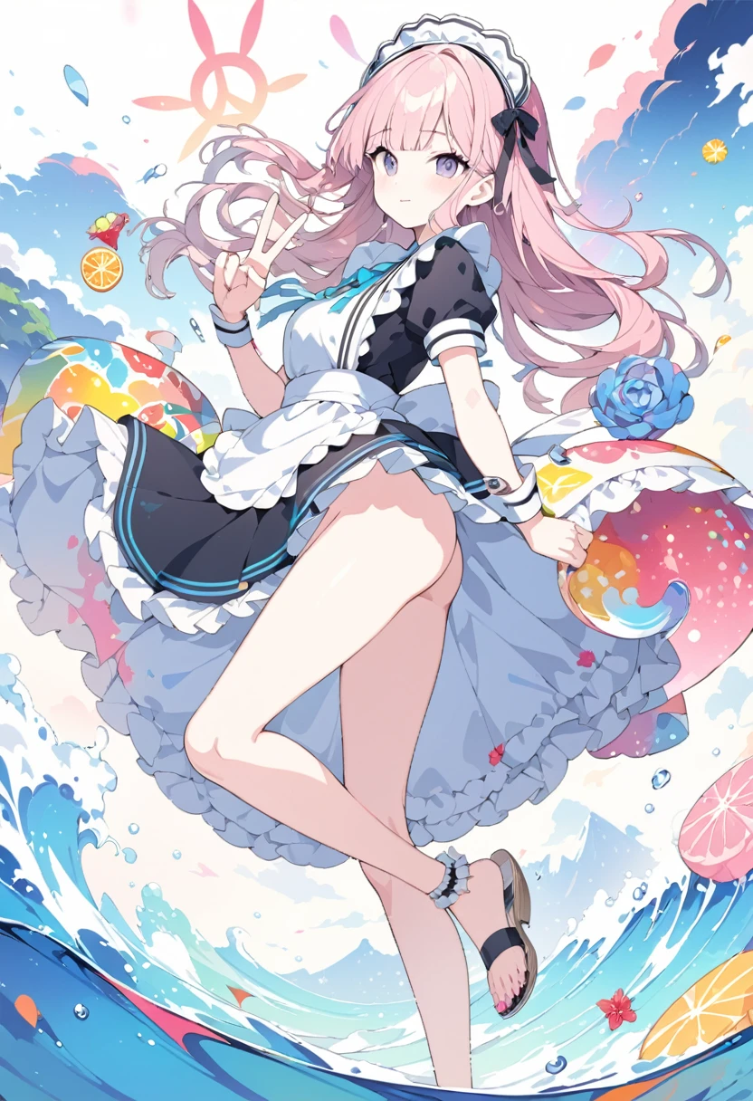 Momoko Sakura Style、8K quality、Intense watercolor,, Watercolor splash, Surreal, Avant-garde pop art, Beautiful and expressive paintings, Beautiful artwork illustration, Very colorful tones, wonderful, Cool Beauty, Highest quality、Official Art, Vector art, Stylish design, (((The most beautiful girl))), ((Thin legs))、(((Highest quality))), High resolution, ((detailed)), (((Doodle Art)), ((masterpiece)), ((Super detailed)),(((Stylish summer maid fashion))),,((Sexual)),((peace sign)))