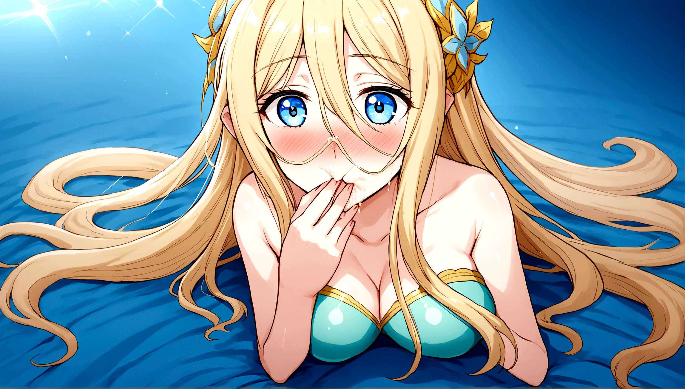 Anime mermaid.1 girl. Cutie. Mermaid girl. Half human. Monster girl. Mermaid. The girl is a Mermaid. Blonde. Long hair. Hair ornament. Blue eyes. Beautiful eyes. Perfect eyes. Expressive eyes. Ideal face. Face about to sneeze
Sneezing face. Beautiful nose. Snotty nose. After sneezing, long snot hangs from the nose.  years. Big breasts. Beautiful breasts. She is ill. She has a cold. She has allergies. She has a runny nose. Nasal mucus. She has snot. She wants to sneeze. She needs to sneeze. She has a strong, desperate urge to sneeze. She sneezes. She sneezes. Splashes of snot fly to the sides. Snot flows from the nose. She has urinary incontinence. She wants to pee. She needs to pee.
She has a strong, desperate urge to pee. Ocean. Beach. Ideal anatomical body. Fish tail instead of legs. No panties. Crawling along the beach in his arms. Full growth. Beautiful character design. Shiny skin. Whole body. NFS. Official art. Extremely detailed CG Unity 8k wallpaper. Ideal lighting. Ultra high resolution 4K. Super detailed 8K. A high resolution.