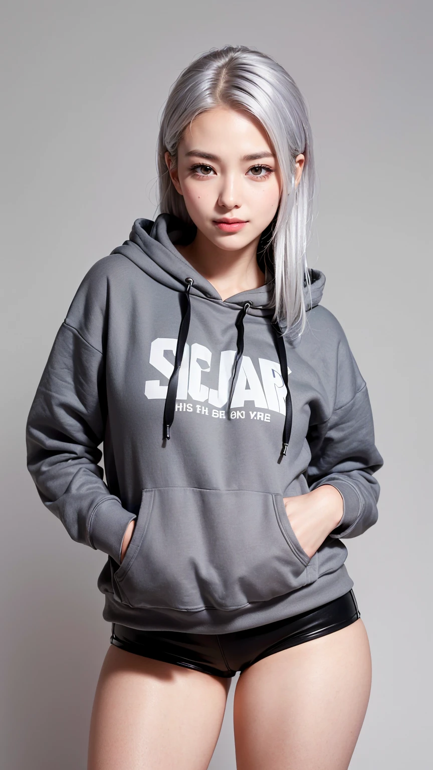 Realistic, masterpiece, Highest quality, Highest Resolution, Anatomically correct, Accurate Anatomy, (Gray blank background:1.3), (1girl:1.3), 20-year-old, Height: 165cm, Shot from thigh up, (Thick thighs:1.2), (Long Hair, Straight Hair, Silver Hair:1.3), (Squint your eyes, Sharp Eyes, (Iris:1.2)), (Hidden eyelid wrinkles:1.2), Thin eyebrows, Draw eyelashes carefully, Natural Makeup, Chin up, Grin, Slightly to the side, (Short black hoodie and hot pants:1.3), (Barker's hood is not on:1.3), (Pose a random model:1.2)