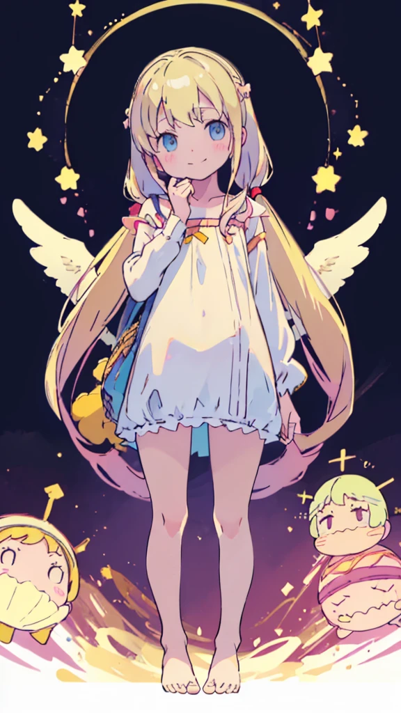 ((masterpiece))((Highest quality))girl、smile、blush、Flat Chest、Are thin、、low length、Blonde、Long twin tails、Embarrassed、Are standing、Angel clothes、Whole body image、Even your toes are visible、Eye level on face、front、No background、mayonnaise、真frontのアングル