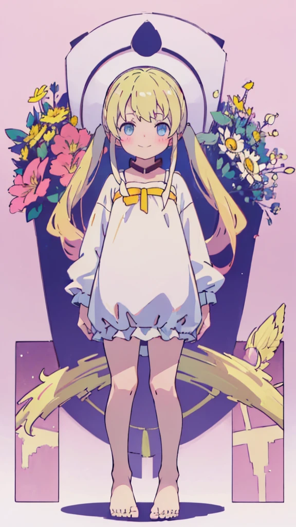((masterpiece))((Highest quality))girl、smile、blush、Flat Chest、Are thin、、low length、Blonde、Long twin tails、Embarrassed、Are standing、Angel clothes、Whole body image、Even your toes are visible、Eye level on face、front、No background、mayonnaise、真frontのアングル