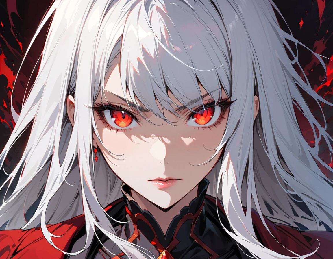 Long white hair, crimson eyes, evil, sexy, black and red clothes, evil face, evil, serious look, gloss lips, sinister, front look, bloody, gloves, close up, portrait, beautiful eyes, short dress, big white, dark place, night, sensual, straight hair cut, clear skin, evil, young 30 years girl, adult girl, solo, red, very long hair, ankle length hair, handsome older WOMAN,crimson-eyes,crimson pupils,Long white hair,Hyperresolution,accuracy,Detailed rendering,(Image of fine hair)(topquality)(Masterpieces of masters)(High degree of completeness)(A sense of atmosphere)tmasterpiece,Super detailed and super detailed(((half-body portrait)))