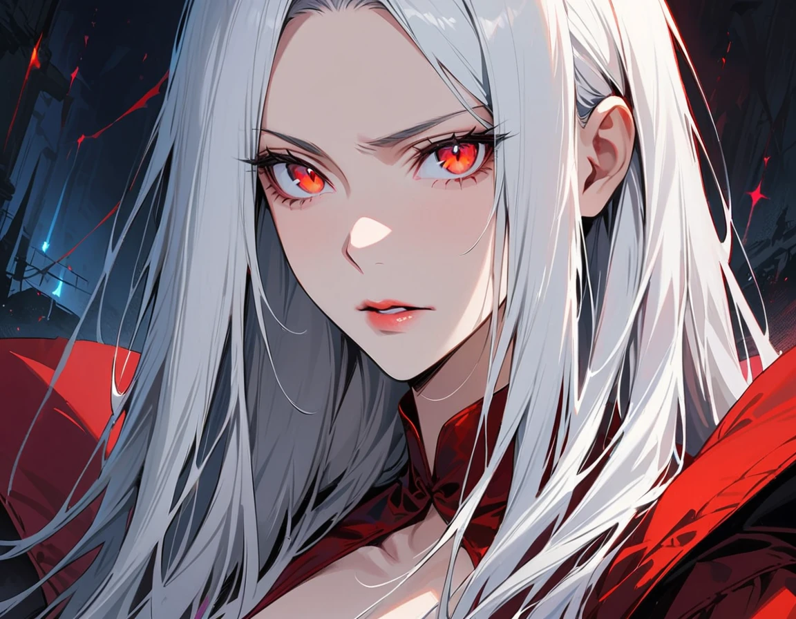 Long white hair, crimson eyes, evil, sexy, black and red clothes, evil face, evil, serious look, gloss lips, sinister, front look, bloody, gloves, close up, portrait, beautiful eyes, short dress, big white, dark place, night, sensual, straight hair cut, clear skin, evil, young 30 years girl, adult girl, solo, red, very long hair, ankle length hair, handsome older WOMAN，crimson-eyes，crimson pupils，Long white hair，Hyperresolution，accuracy，Detailed rendering,（Image of fine hair）（topquality）（Masterpieces of masters）（High degree of completeness）（A sense of atmosphere）tmasterpiece，Super detailed and super detailed（((half-body portrait)))