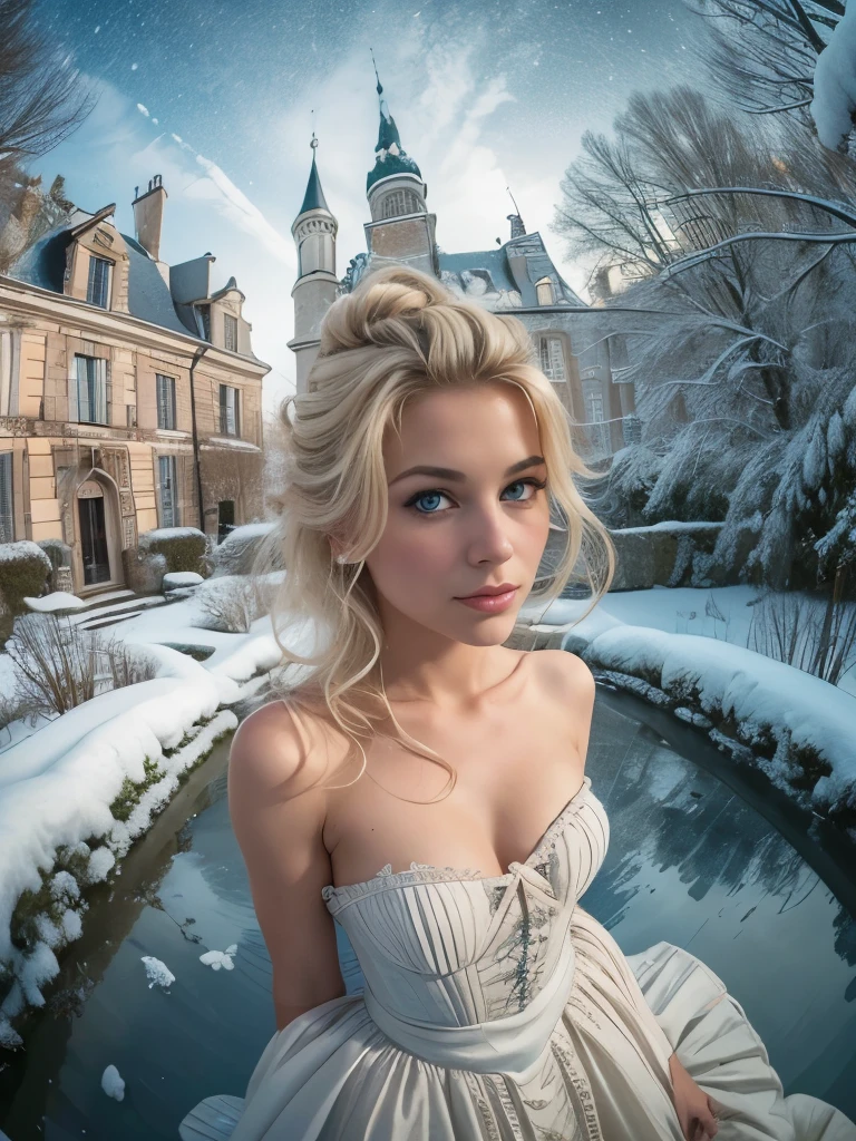 (((Fisheye 5mm lens, extreme closeup high angle shot ))) of an ultra hot orgeous European blonde woman, age 23, bun and wavy hair. 
she's a  men magazine model. She has a subtle smile and flirts with the camera. 
( she's standing upright in a snowy French garden of a 18th century French castle, wearing a 18th century French countess dress:1.2), winter starry night.
perfect eyes, perfect hands, perfect body, perfect hair, perfect breast, hair behind ear, blurry foreground, UHD, retina, masterpiece, accurate, anatomically correct, textured skin, super detail, high details, high quality, award winning, best quality, highres, 16k, 8k,